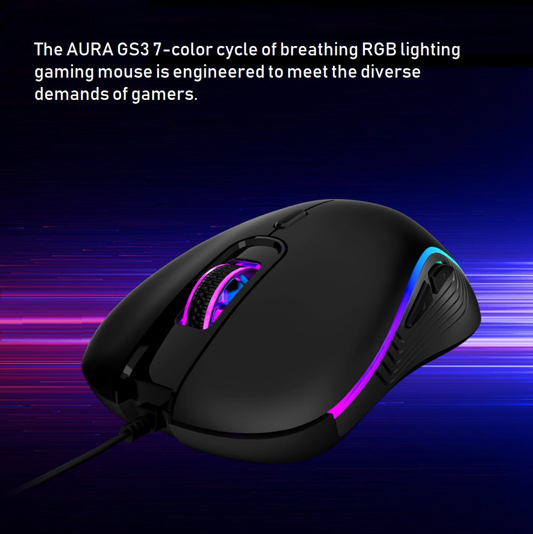 GAMDIAS AURA GS3 RGB Wired Gaming Mouse ; 7-color Breathing RGB ; 6 Programmable Keys ; 3600 DPI Optical Sensor ; Ergonomic Design ; USB-A Wired | BLACK