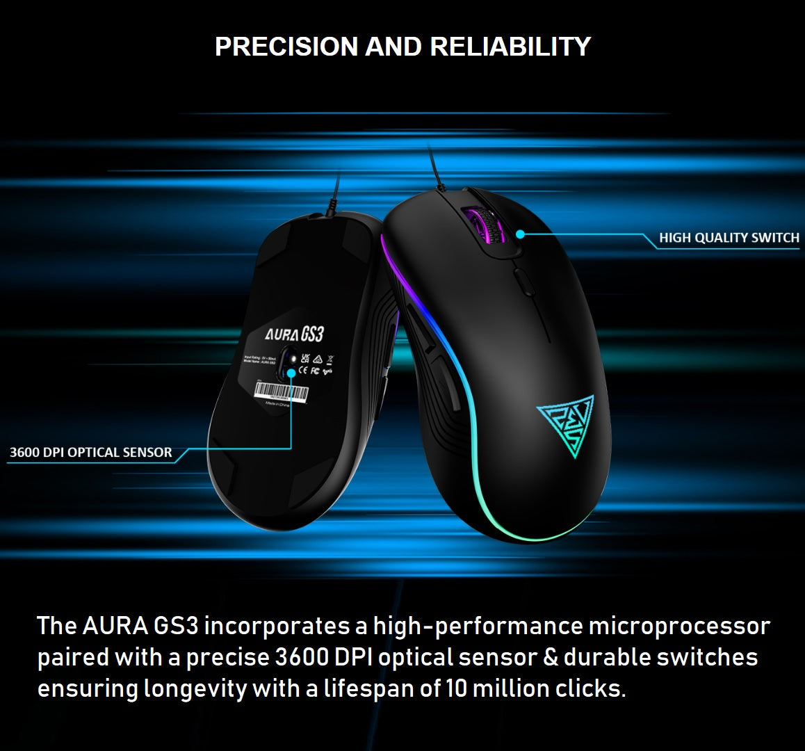 GAMDIAS AURA GS3 RGB Wired Gaming Mouse ; 7-color Breathing RGB ; 6 Programmable Keys ; 3600 DPI Optical Sensor ; Ergonomic Design ; USB-A Wired | BLACK
