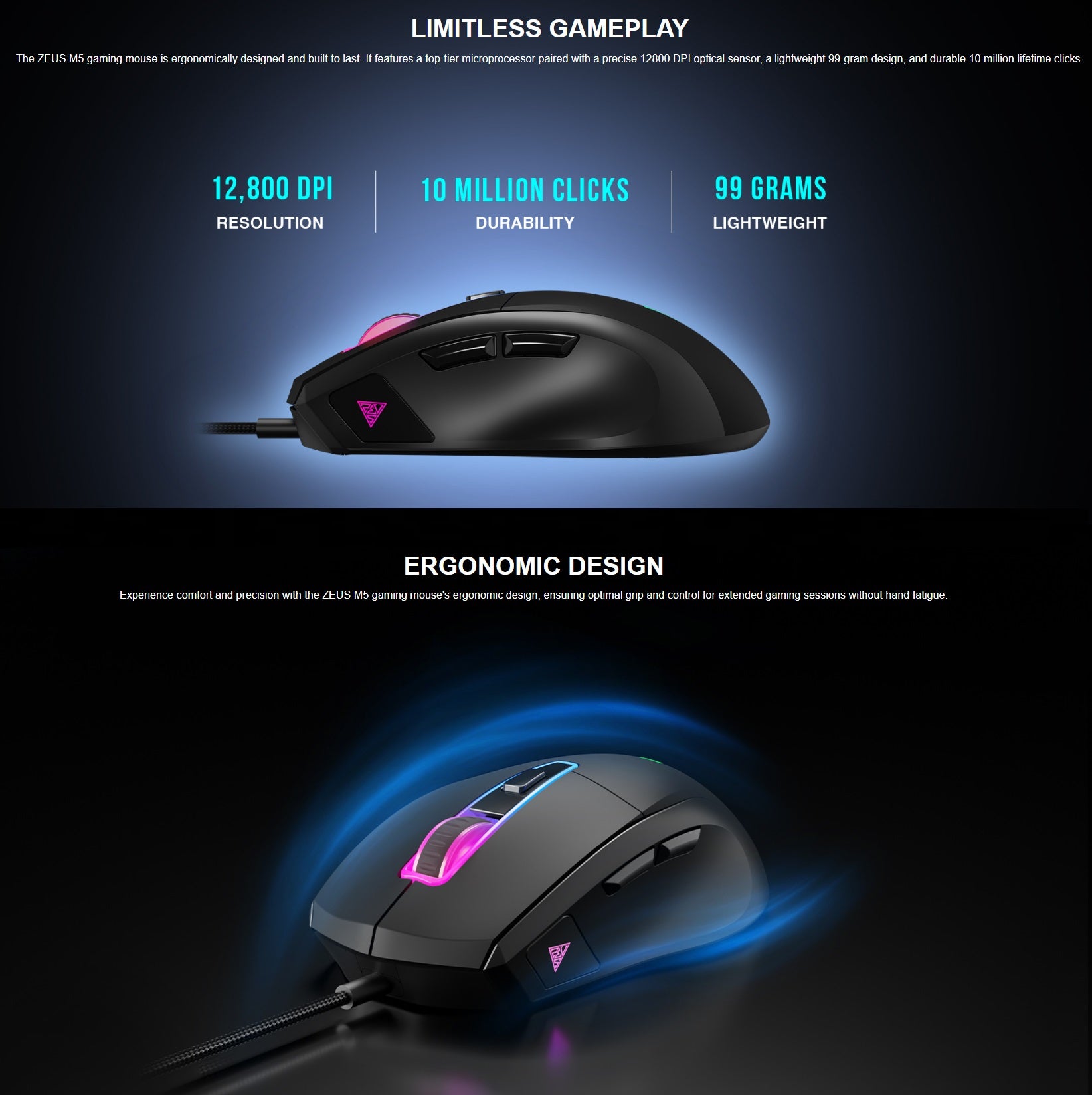 GAMDIAS ZEUS M5 RGB Wired Gaming Mouse ; Adjustable up to 12800 DPI Advanced Gaming Optical Sensor ; Lightweight 99 gram ; 7 Smart Keys ; 10 million Clicks ; Software Support |ZEUS M5