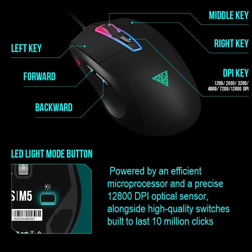 GAMDIAS ZEUS M5 RGB Wired Gaming Mouse ; Adjustable up to 12800 DPI Advanced Gaming Optical Sensor ; Lightweight 99 gram ; 7 Smart Keys ; 10 million Clicks ; Software Support |ZEUS M5