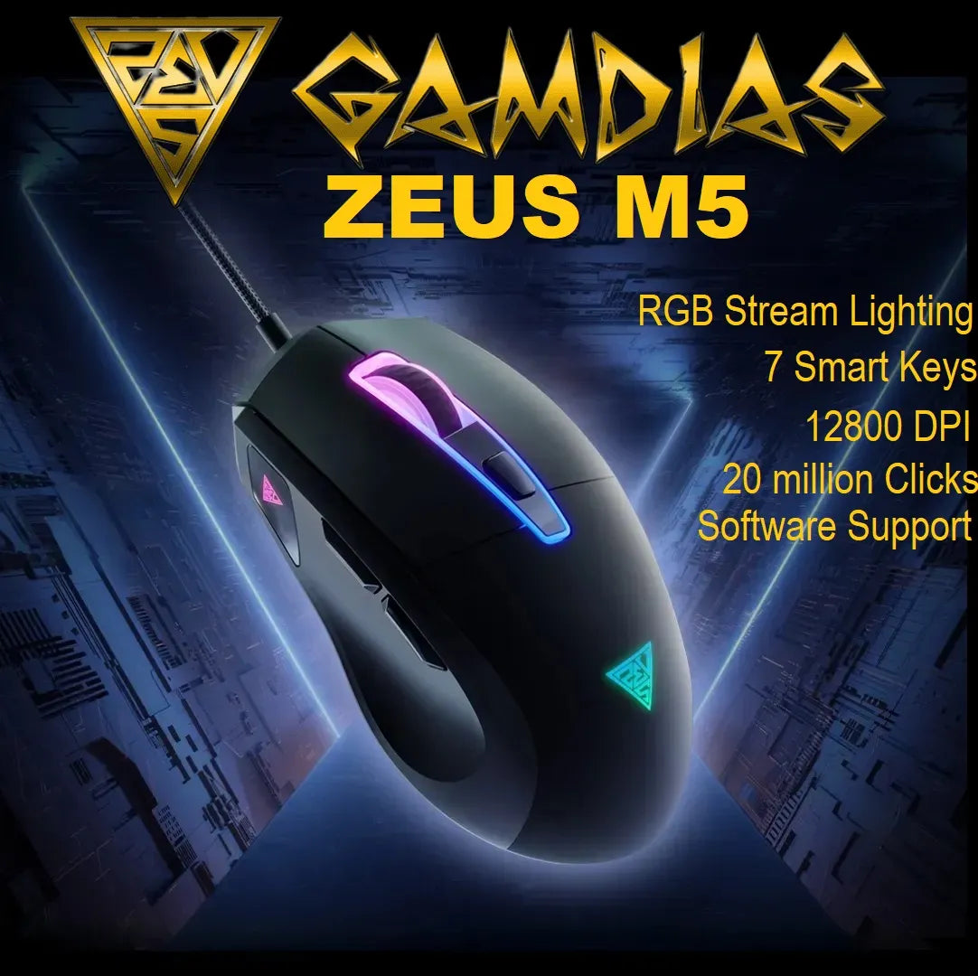 GAMDIAS ZEUS M5 RGB Wired Gaming Mouse ; Adjustable up to 12800 DPI Advanced Gaming Optical Sensor ; Lightweight 99 gram ; 7 Smart Keys ; 10 million Clicks ; Software Support |ZEUS M5