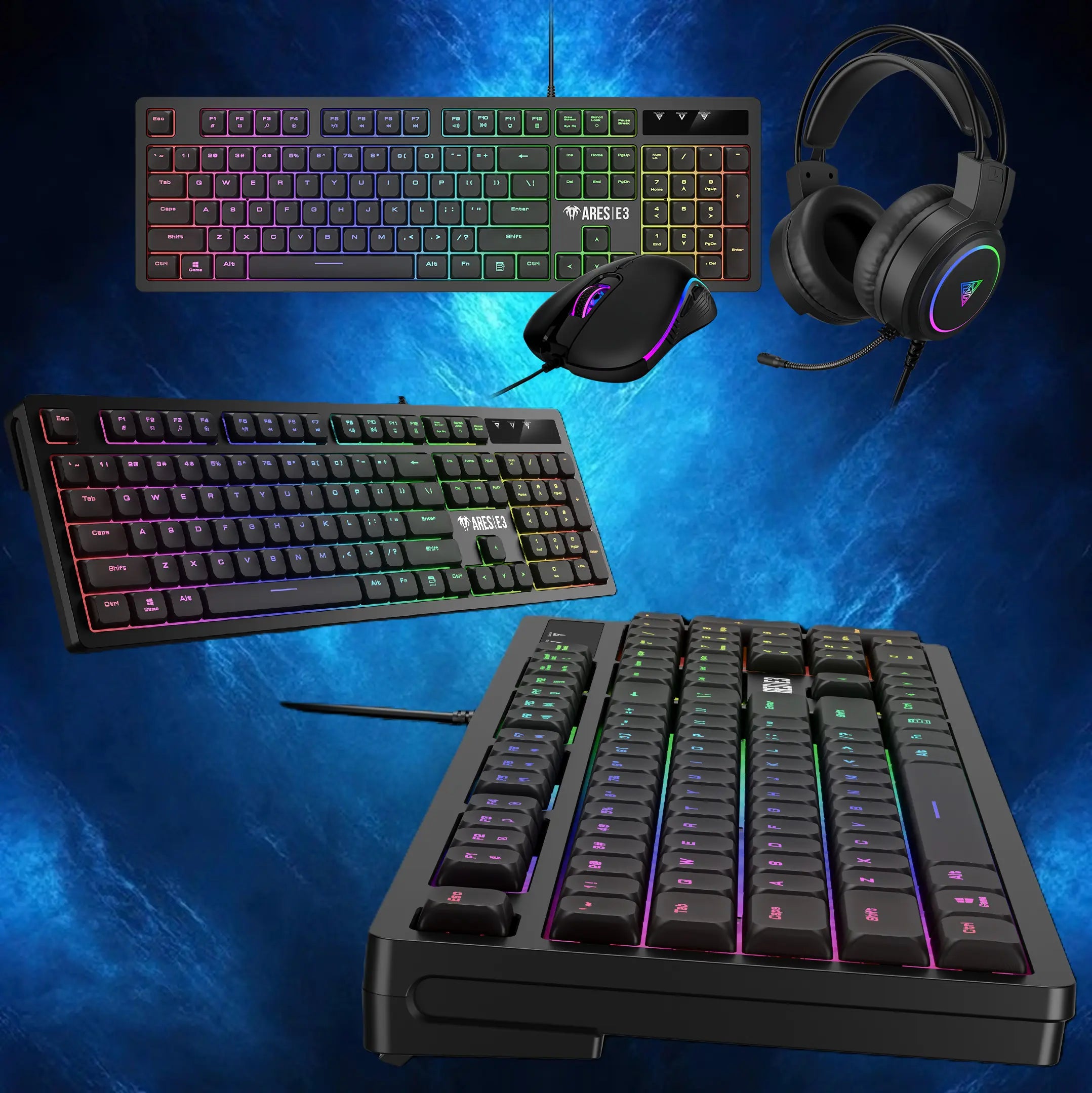 GAMDIAS Poseidon E2 3-In-1 Gaming Combo – Rainbow Backlit Membrane Keyboard, 3600 DPI Multi-Color Mouse, 50mm Driver Headset, Ergonomic Design, Durable Build, USB & 3.5mm Connectivity