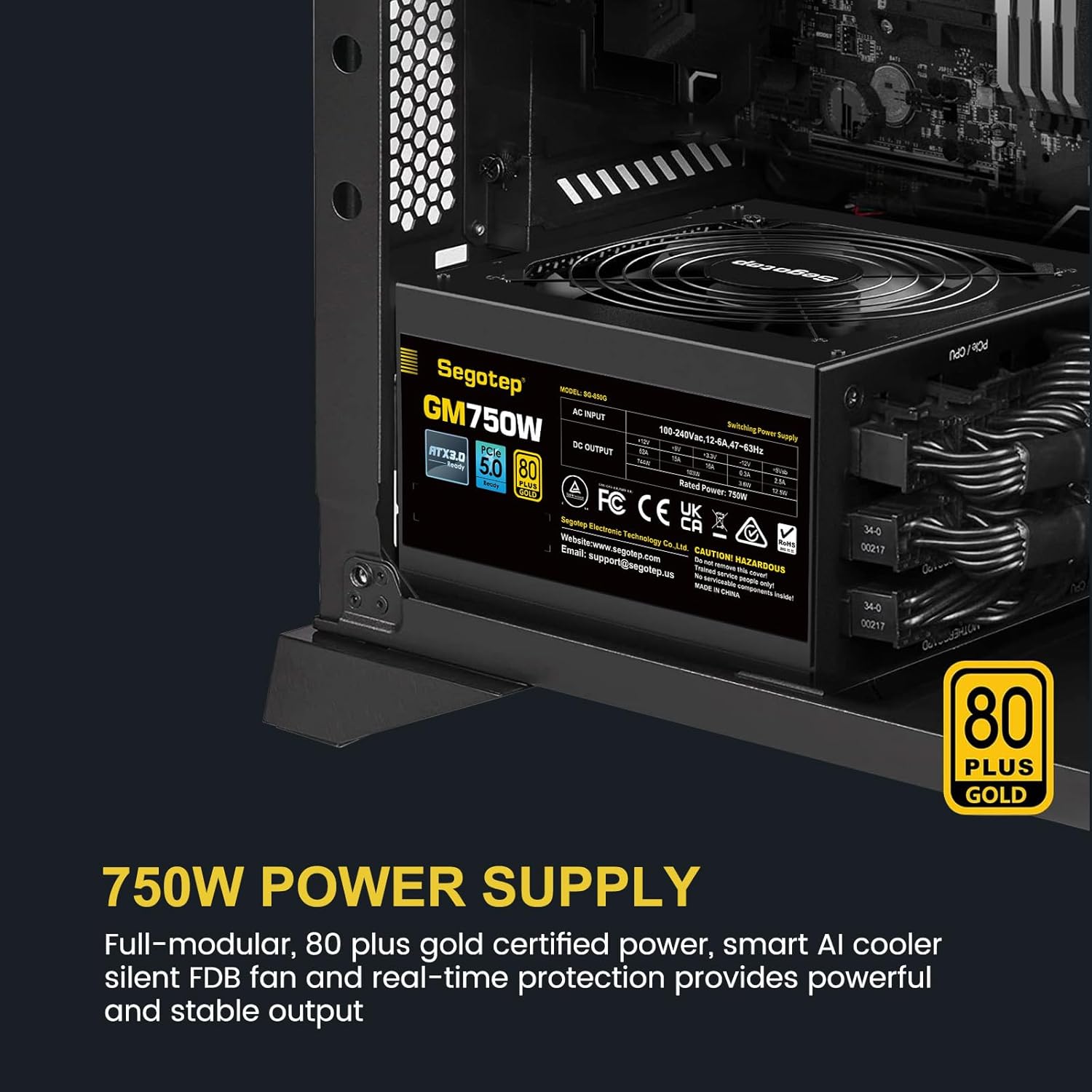 Segotep 750W Power Supply, 80 Plus Gold Full Modular PCIe 5.0 & ATX 3.1 Gaming PSU for NVIDIA RTX 20/30/40 Series & AMD GPU, 120mm Silent FDB Fan