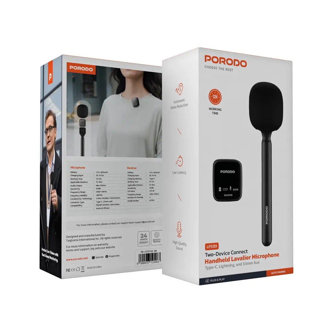 Porodo Two-Device Connect Handheld Lavalier Microphone