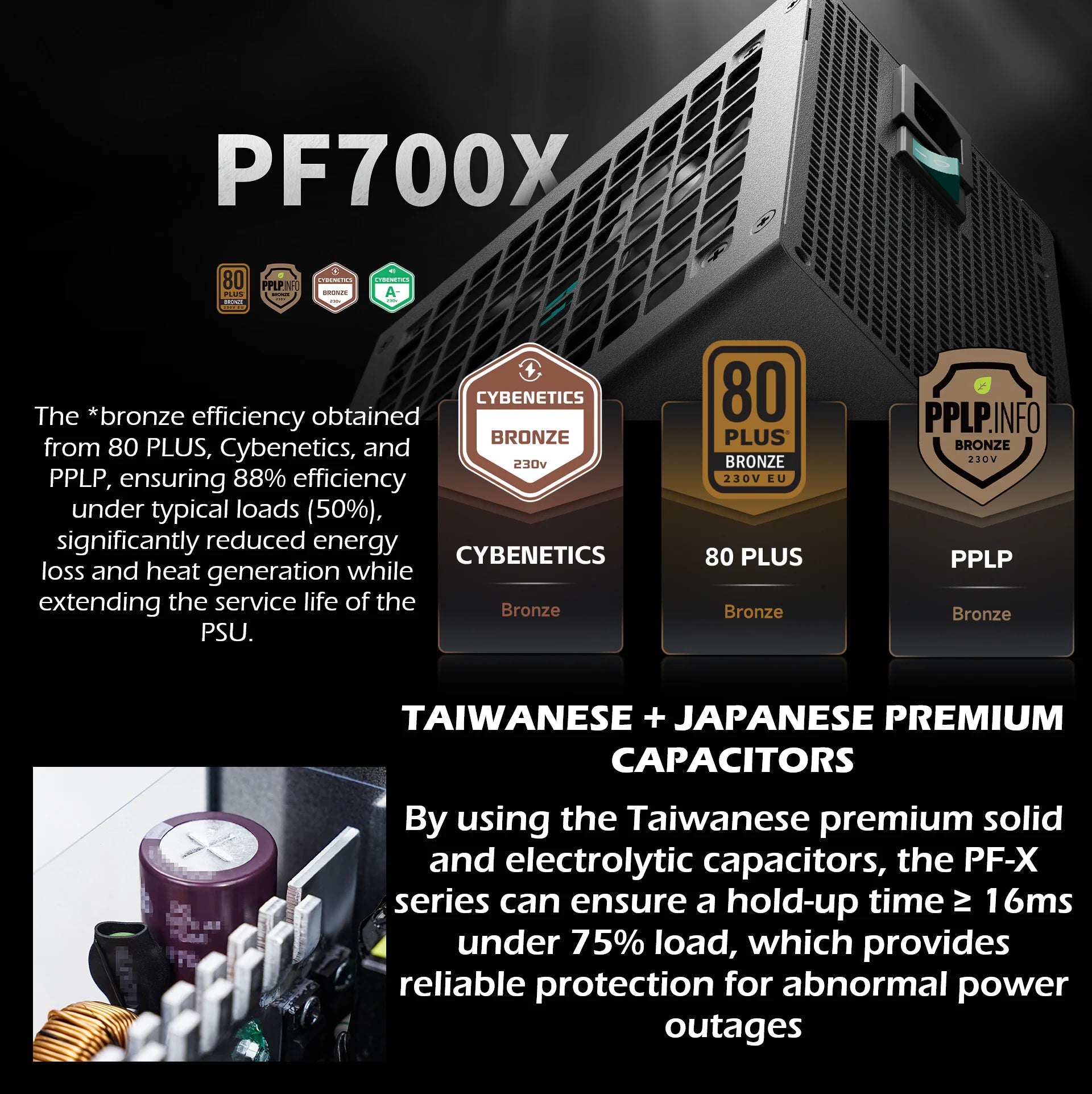 DeepCool Gamer Storm PF700X 700W Power Supply With Triple Bronze Certifications, Premium Japanese Capacitors, Active PFC DC-To-DC Topology, 8 Protections, 120mm HYB Fan