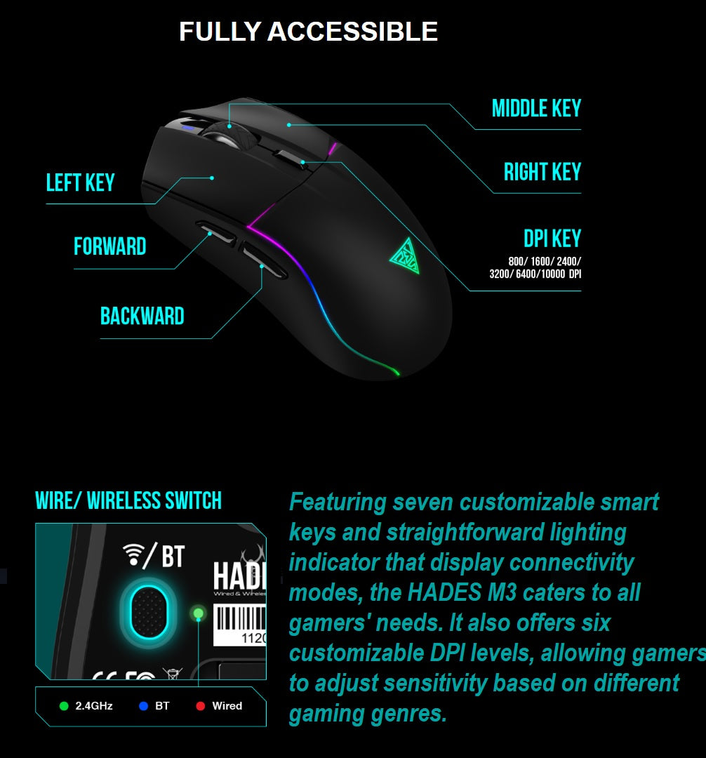 GAMDIAS HADES M3 RGB Wireless Gaming Mouse ; low-latency 2.4GHz Wireless, Wired USB Type-C to A, and Bluetooth Connections ; Lightweight 79-gram ; 7 Keys ; Adjustable 10000 DPI Advanced Gaming Optical Sensor |HADES M3