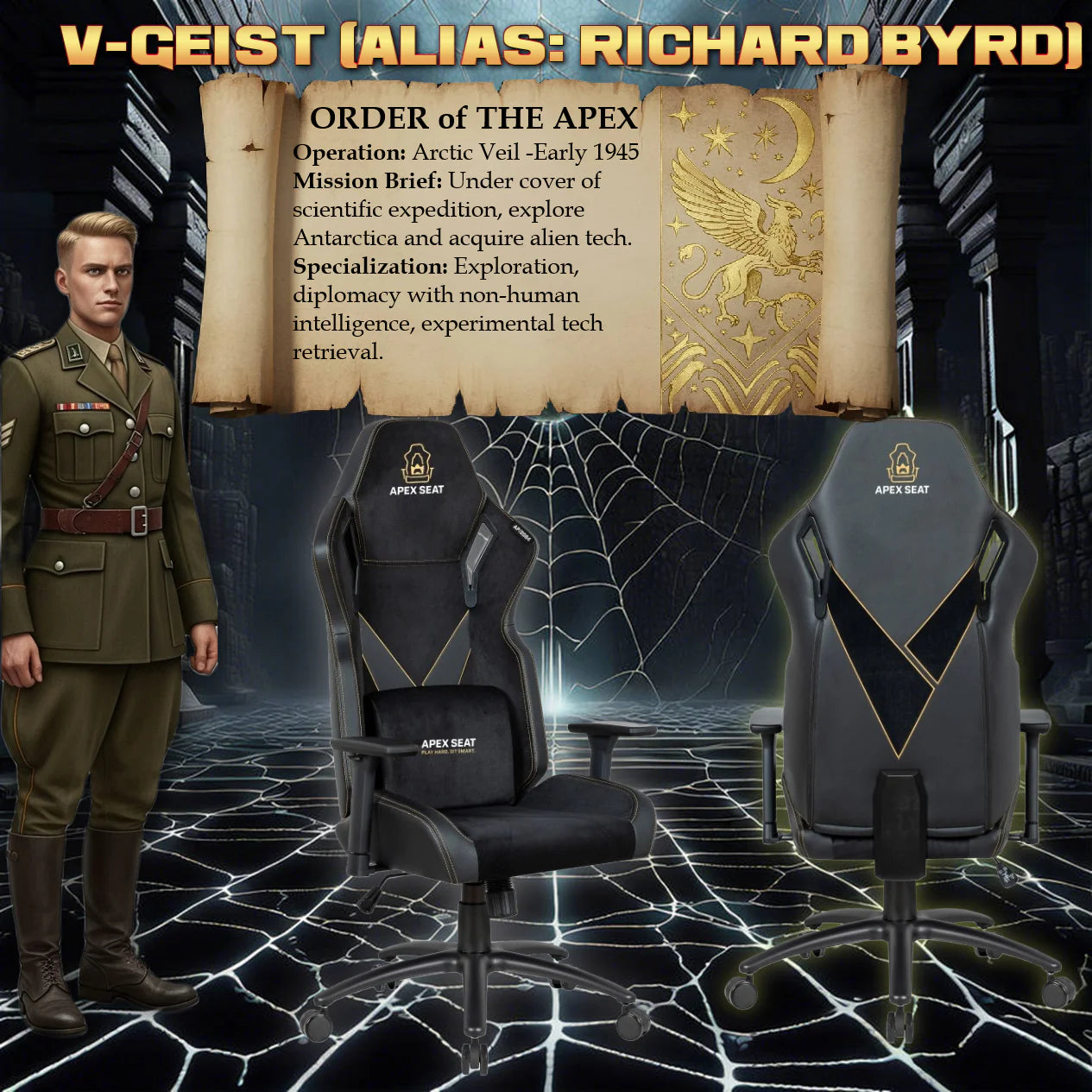APEX SEAT “V-Geist ” Ergonomic Gaming Chair Leather & Velvet Fabric-BLACK WITH GOLD EMBROIDERY|AP-2084