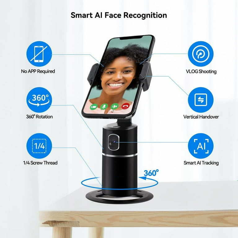 Auto Face Tracking Phone Holder, No App Required, 360° Rotation Face Body Phone Tracking Tripod Smart Shooting Camera Mount for Live Vlog Streaming Video, Rechargeable Battery-Black
