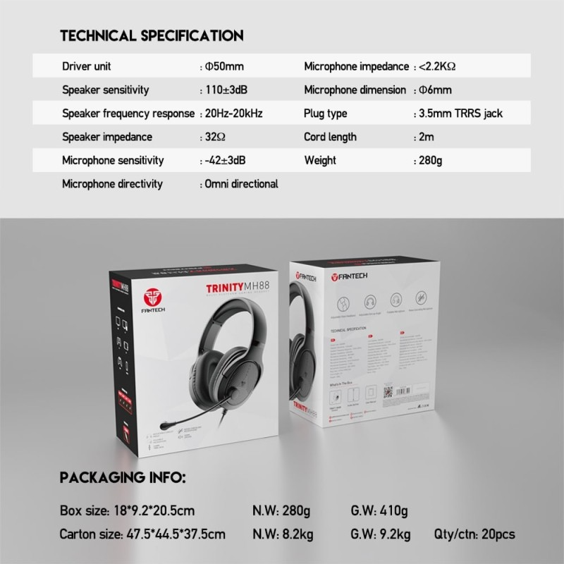 Fantech MH88 TRINITY Gaming
Headset, Comfortable Fit, Multiplatform Compatibility