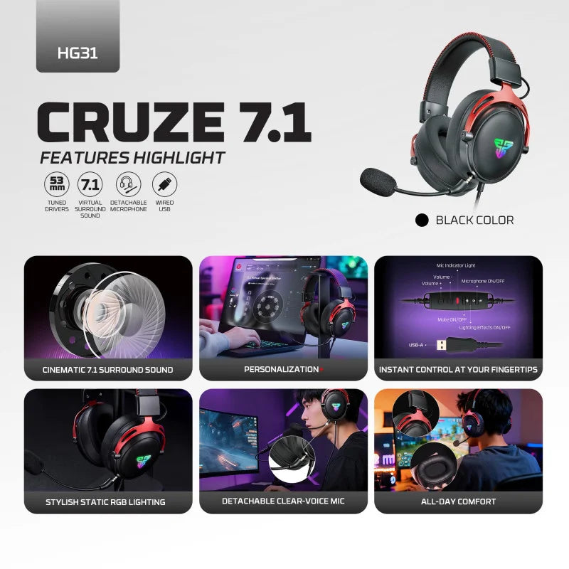 FANTECH HG31 CRUZE Immersive Cinematic USB Gaming Headset with 7.1 Virtual Surround, RGB Lighting