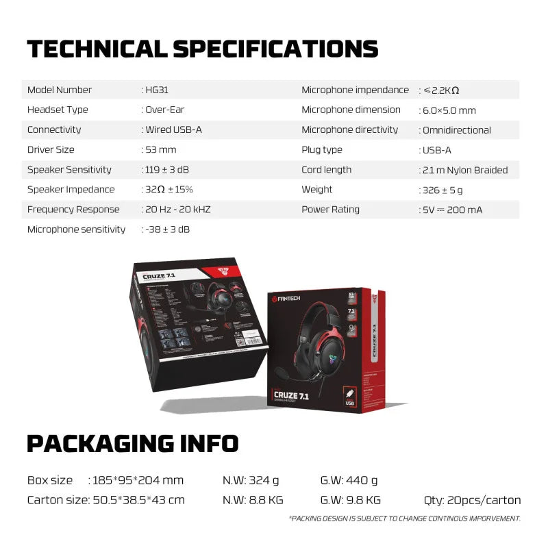 FANTECH HG31 CRUZE Immersive Cinematic USB Gaming Headset with 7.1 Virtual Surround, RGB Lighting