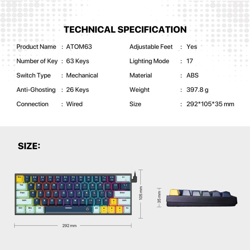 Fantech MIZU Edition MK874V2 - ATOM63, Pro Wired Mechanical Keyboard with RGB Lighting NAVY BLUE