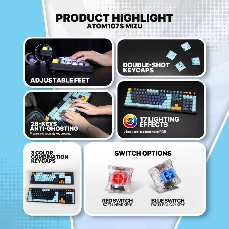 Fantech MIZU Edition MK893S - ATOM107S, Pro Wired Mechanical Keyboard with RGB Lighting Blue