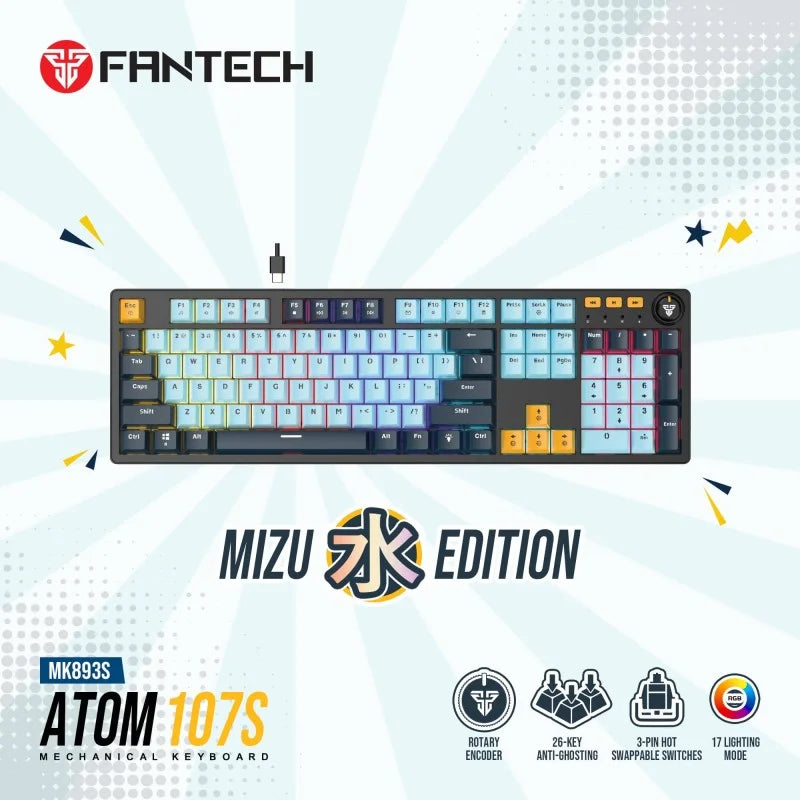 Fantech MIZU Edition MK893S - ATOM107S, Pro Wired Mechanical Keyboard with RGB Lighting Blue