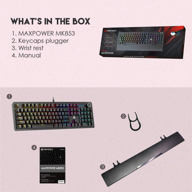 Fantech MK853 MAXPOWER, Pro Wired Mechanical Keyboard with RGB Lighting & Comfortable with wrist rest