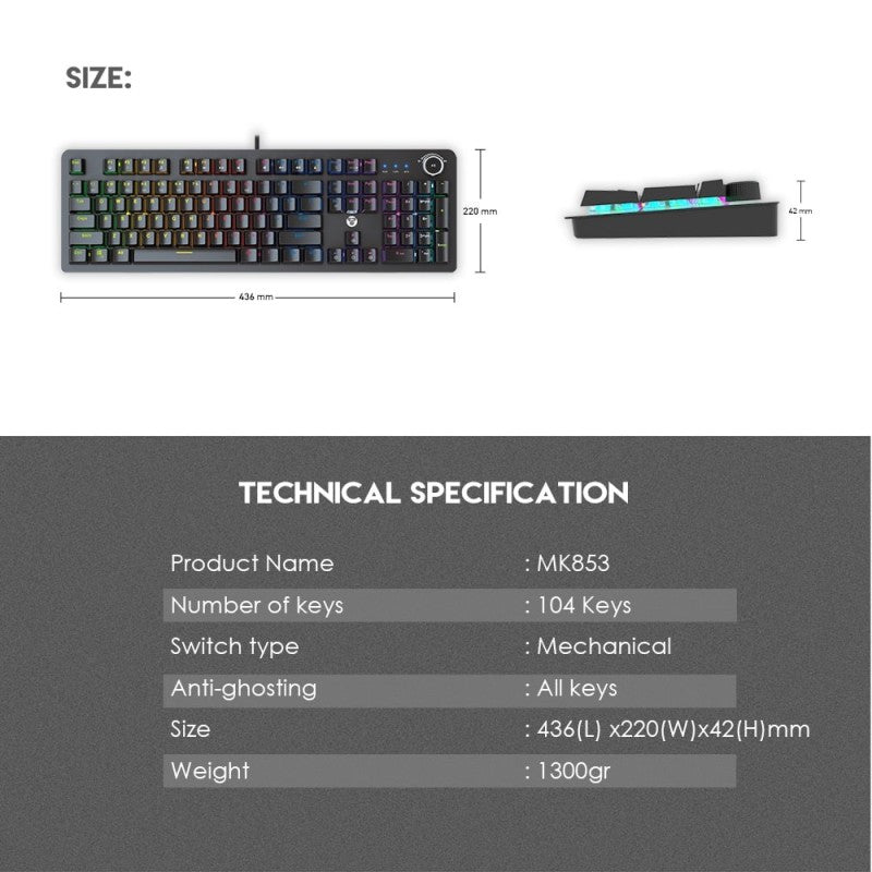 Fantech MK853 MAXPOWER, Pro Wired Mechanical Keyboard with RGB Lighting & Comfortable with wrist rest