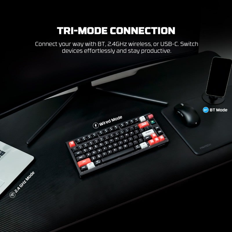 FANTECH MK917 ATOM PRO79, 3
Modes: Bluetooth, Wireless & Wired, Built-in Battery, Mechanical Gaming Keyboard