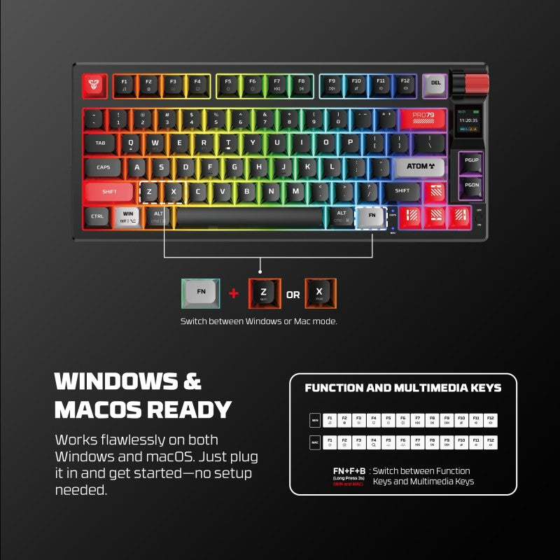 FANTECH MK917 ATOM PRO79, 3
Modes: Bluetooth, Wireless & Wired, Built-in Battery, Mechanical Gaming Keyboard