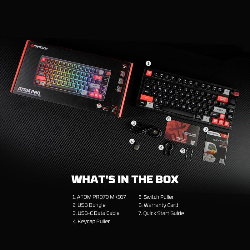 FANTECH MK917 ATOM PRO79, 3
Modes: Bluetooth, Wireless & Wired, Built-in Battery, Mechanical Gaming Keyboard