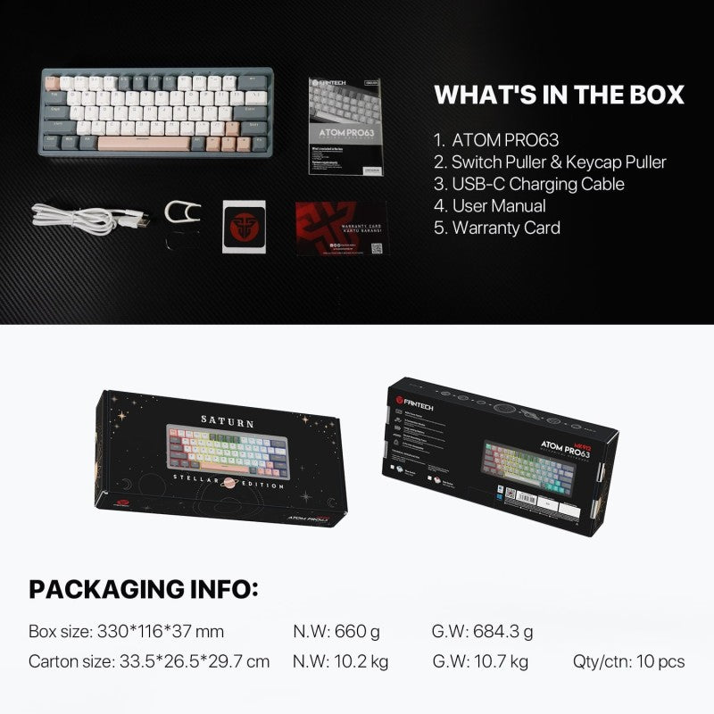 Fantech STELLAR Edition MK912 - ATOM PRO63, 3 Modes:
Bluetooth, Wireless & Wired, Built-in Battery, Mechanical Gaming Keyboard