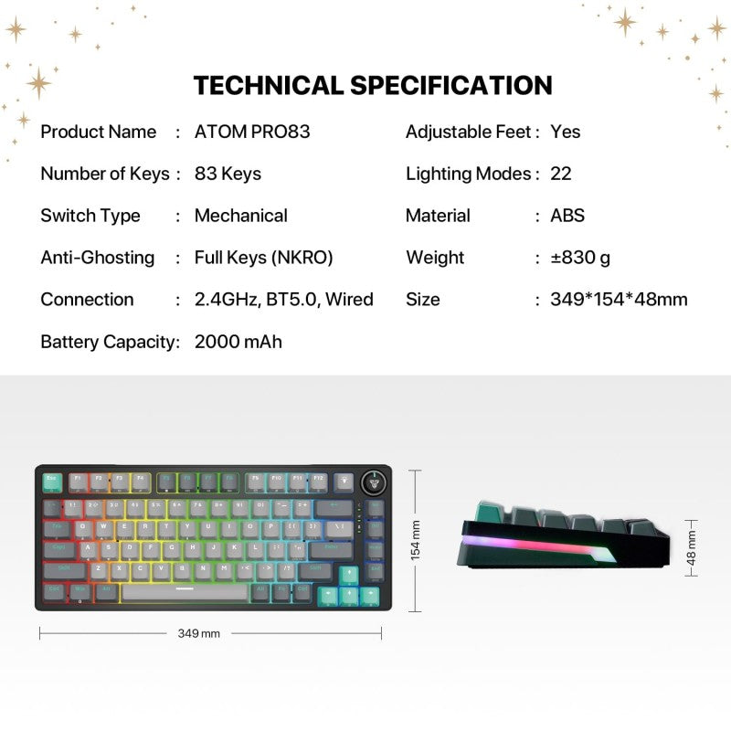 Fantech STELLAR Edition MK913 - ATOM PRO83,3 Modes:
Bluetooth, Wireless & Wired, Built-in Battery, Mechanical Gaming Keyboard