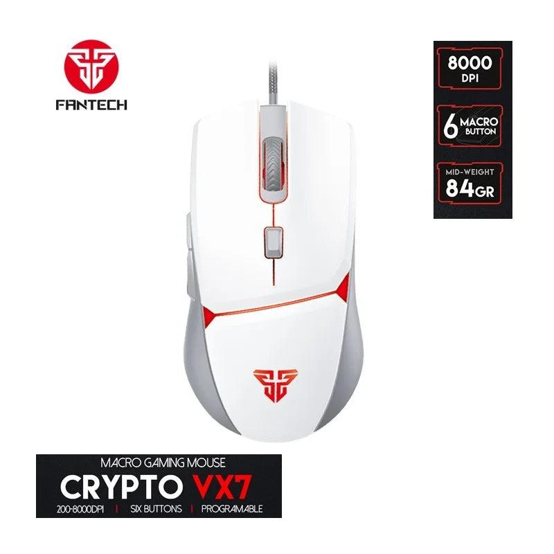 Fantech VX7 CRYPTO, Advanced Sensor 8000DPI, RGB Lighting, Wired Gaming Mouse (White)