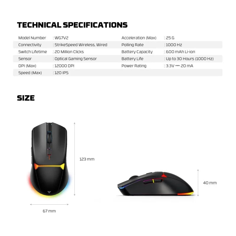 FANTECH WG7V2 CRYPTO II, 12000DPI Dual Mode Wired & Wireless Gaming Mouse with Built-in Battery
