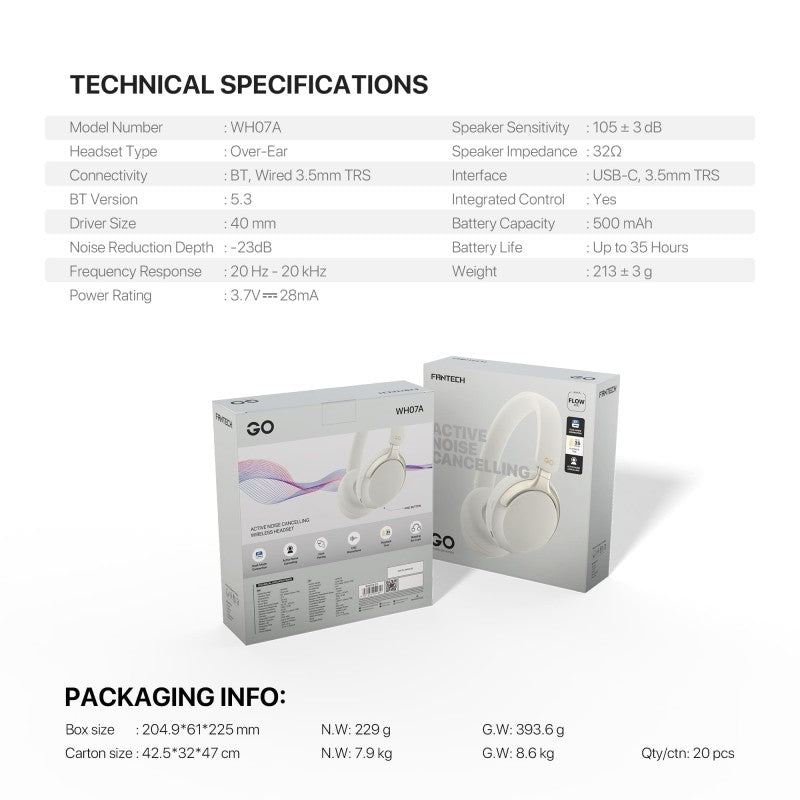 FANTECH WH07A GO VIBE: Bluetooth, -
Active Noise Cancelling (ANC) WIRELESS HEADSET