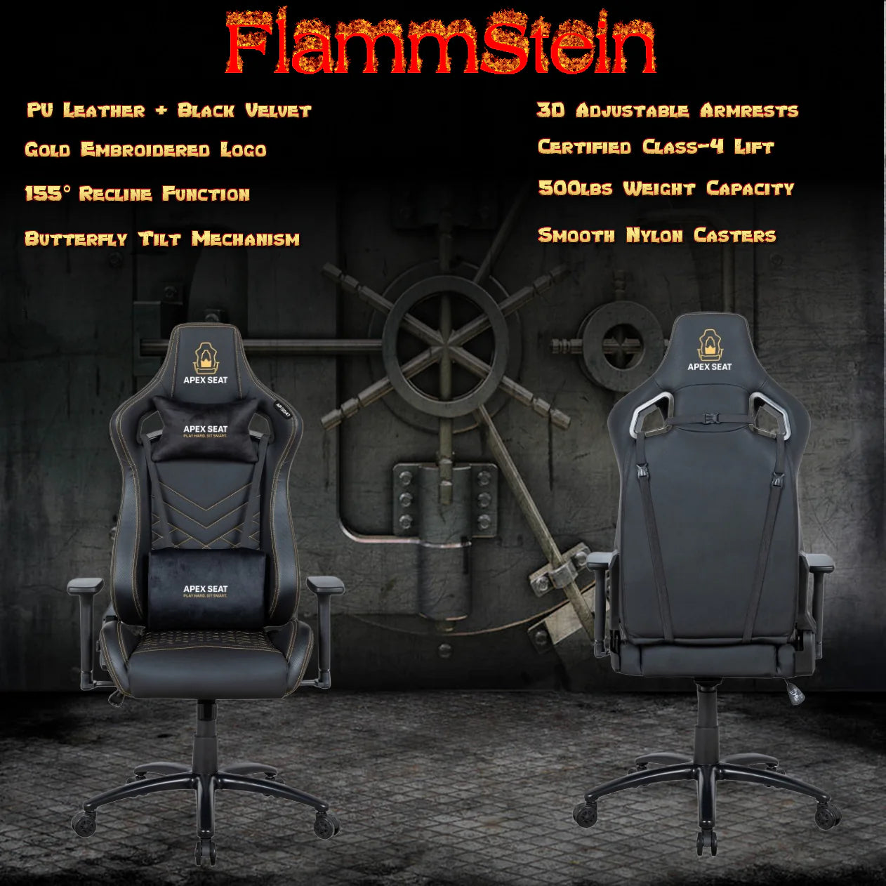 Apex Seat “FlammStein” Artisan-Crafted Gaming Chair Leather & Velvet Blend Gold Embroidered Black Throne|AP-2047