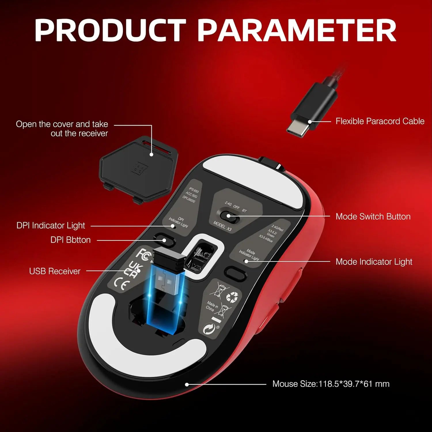 Attack Shark X3 49g Superlight Wireless Gaming Mouse – PAW3395 Sensor, 26K DPI, Tri-Mode (2.4G/Bluetooth/Wired), 1000Hz, 200-Hour Battery, TTC Encoder – Red