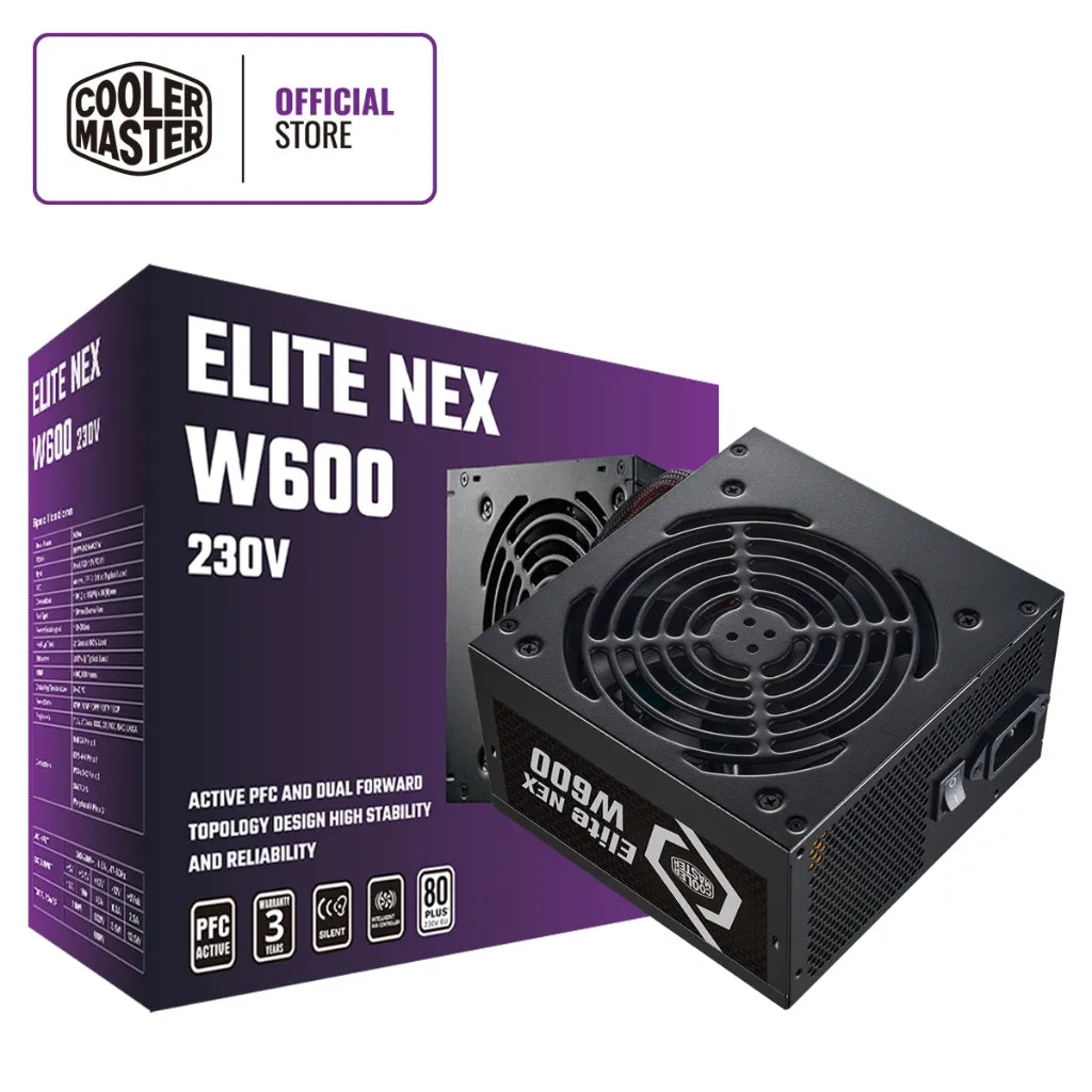 ELITE NEX WHITE W600 230V POWER SUPPLY ; 80 Plus standard certified efficiency ; NON-MODULAR PSU ; Active PFC ; dual forward topology design ; 120MM FAN ; ATX 12V Ver. 2.41 – BLACK