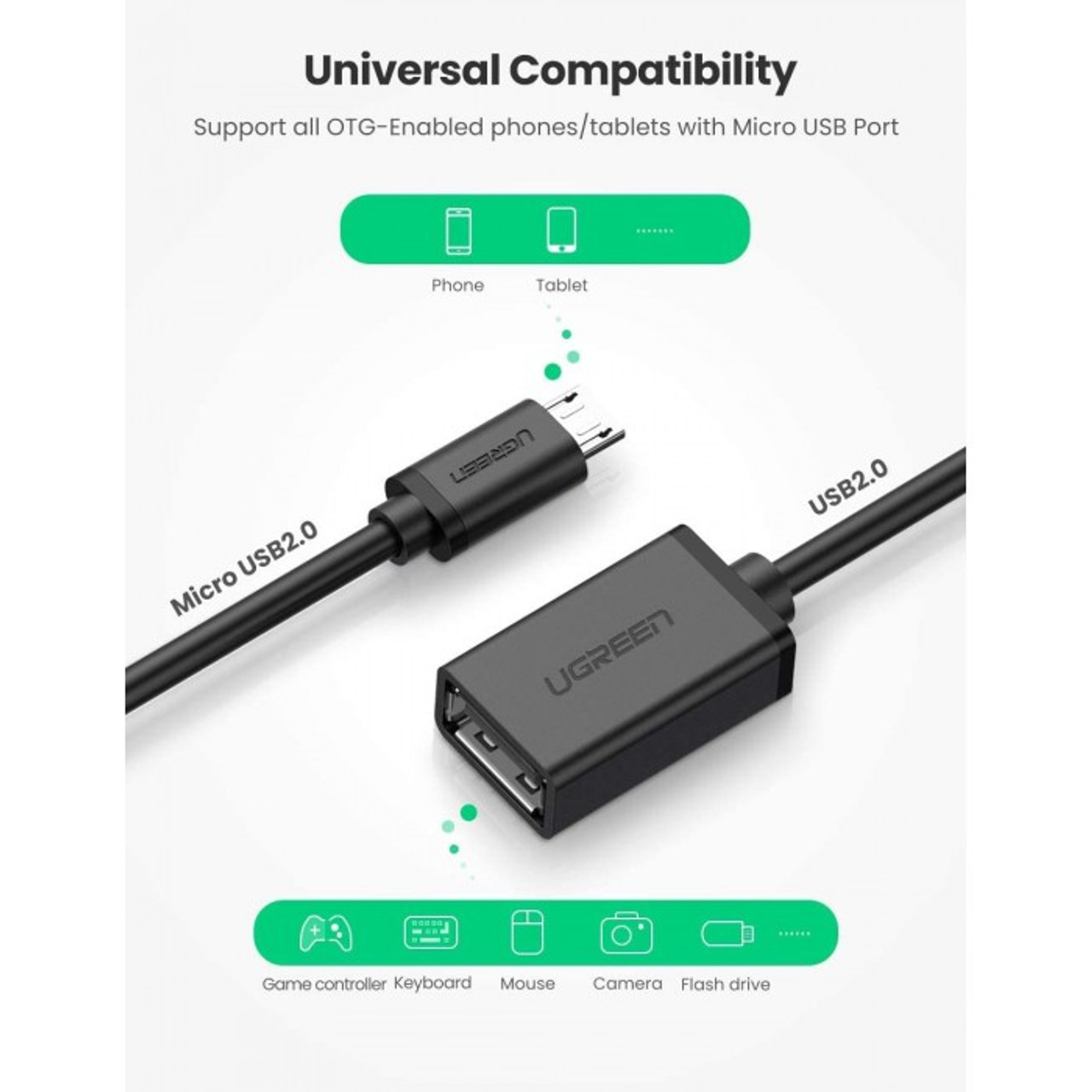 UGreen OTG Cable Adapter From Micro USB Male to USB Female | US133 | 10396