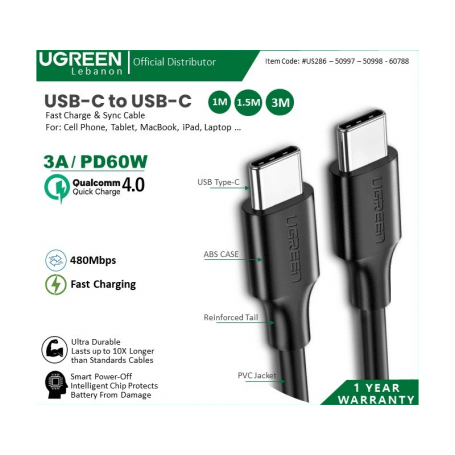 Ugreen Cable Usb-C To Usb-C Pd60W Fast Charge & Data 1.5M Us286
