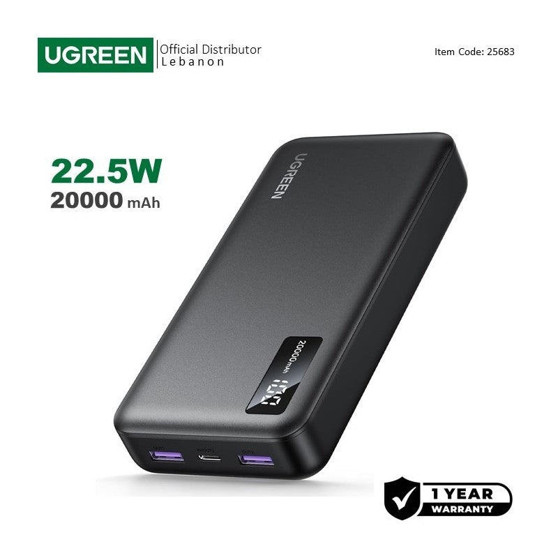 UGREEN Power Bank 22.5W PD, 3 Ports 20000 mAh, Smart & Fast Charging for Phones, Tablets, Ipads - PB312 | 25683