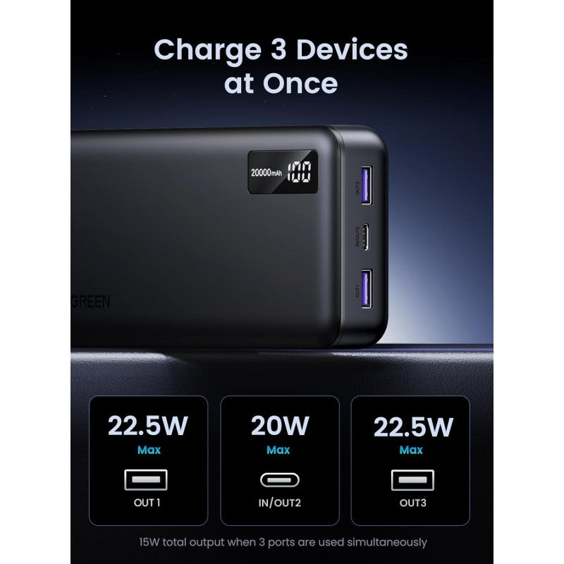 UGREEN Power Bank 22.5W PD, 3 Ports 20000 mAh, Smart & Fast Charging for Phones, Tablets, Ipads - PB312 | 25683